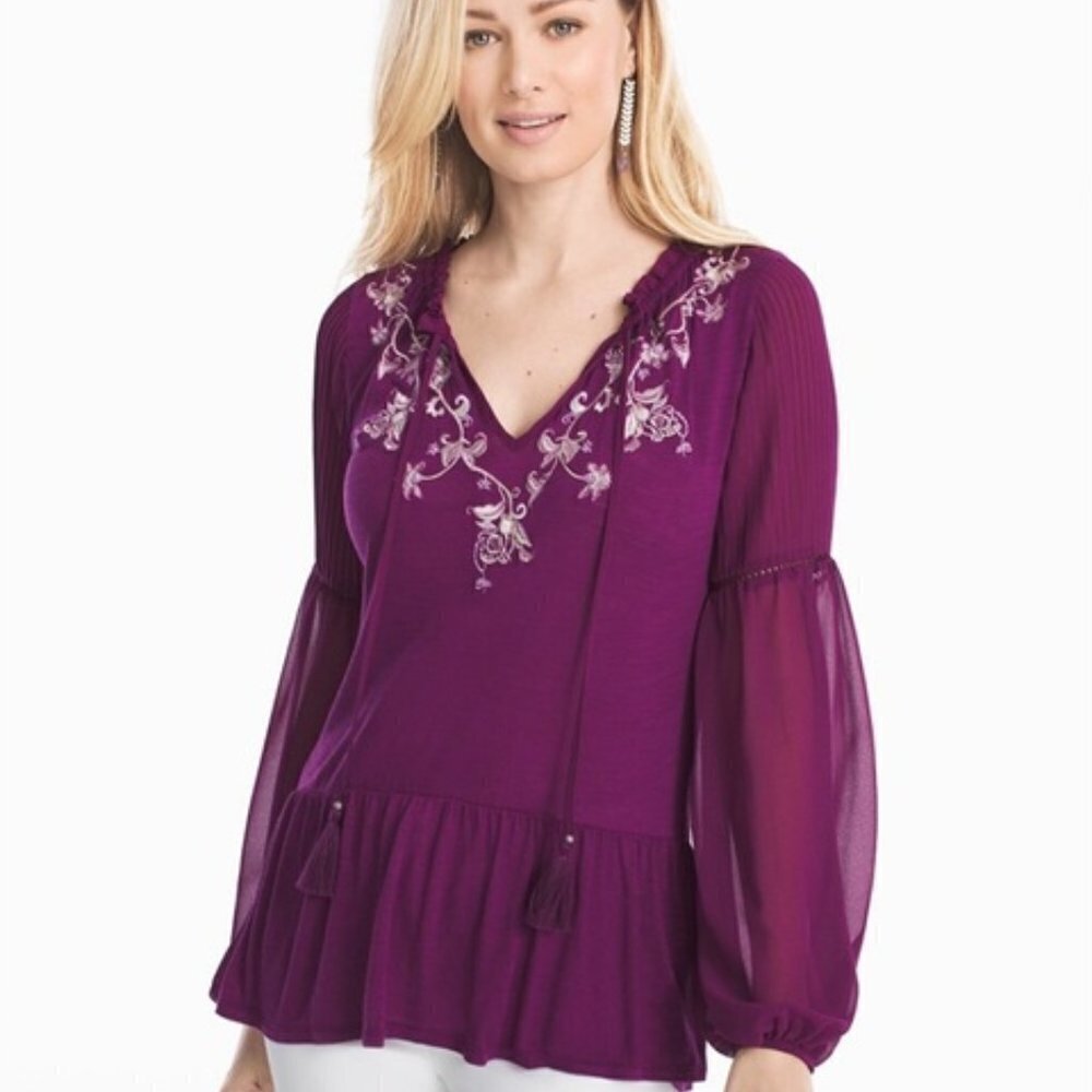 White House Black Market WHBM Embroidered Tassel Accent Boho Peasant Blouse MP